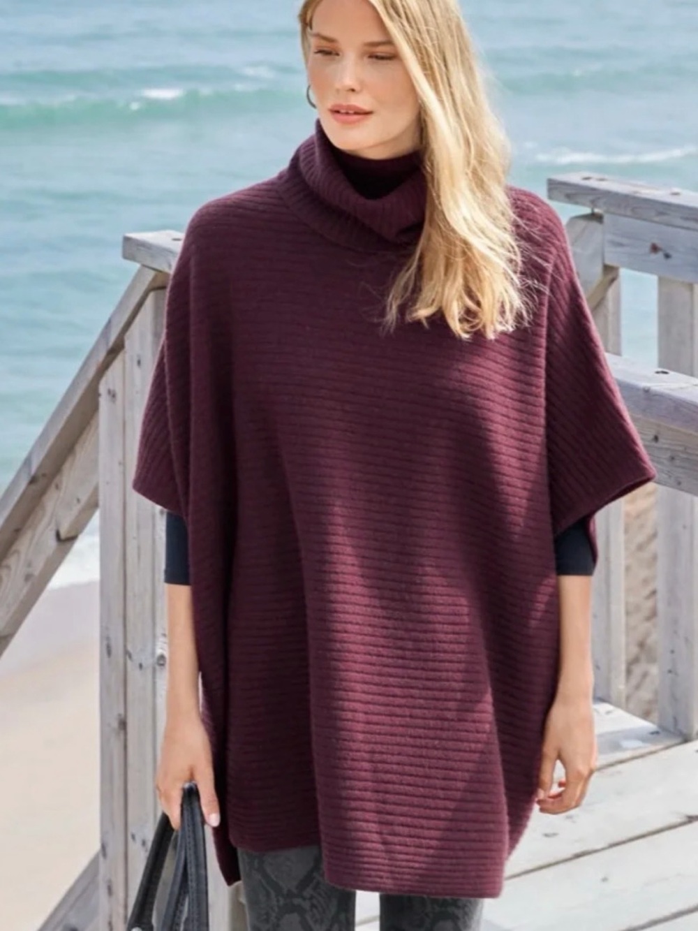 Coldwater Creek Ribbed Turtleneck Poncho in Plum Wine 2X
